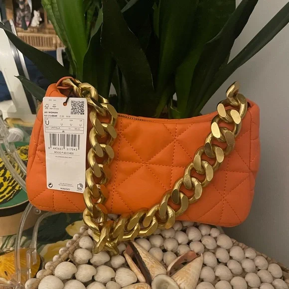 Mango Orange Quilted Baguette Purse with Gold Chain - Picture 2 of 16